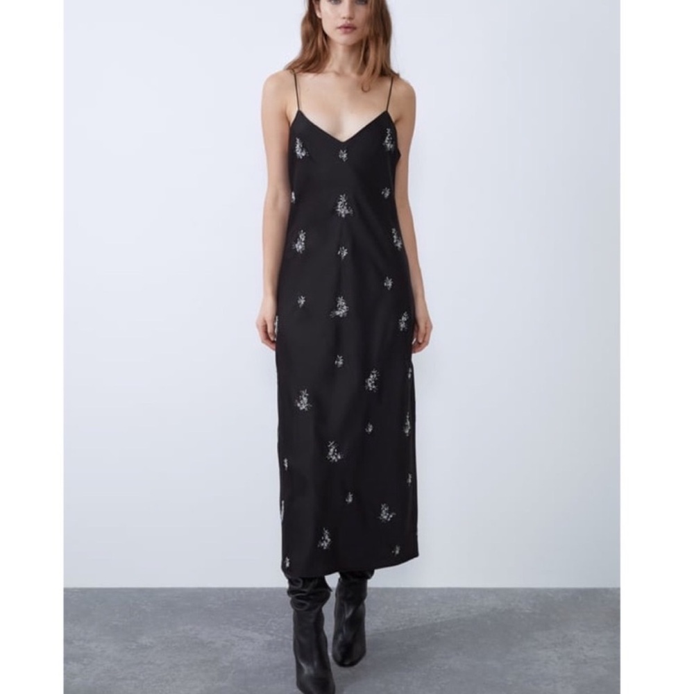 Zara Black beaded rhinestone detail Satin slip dress midi length long size XS